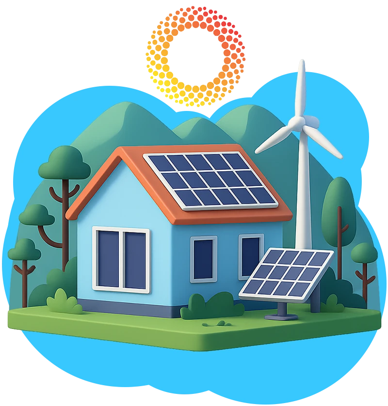 A 3d illustration of a house with solar panels and a wind turbine. There are mountains and trees on the background and the emih sun rises above the scene.